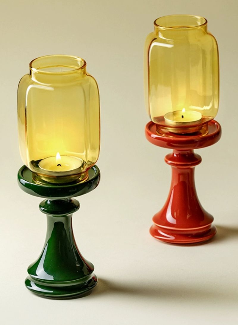 Glass Candle Holders – Festive Amber & Green Duo