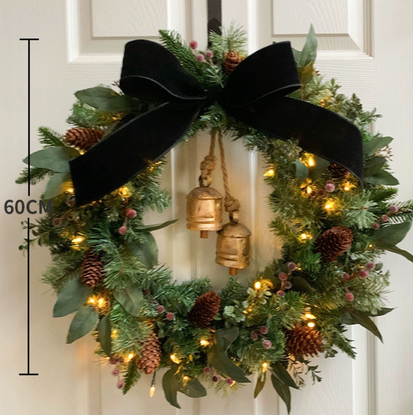 Illuminated Christmas Wreath with Black Velvet Bow & Bells (60cm)