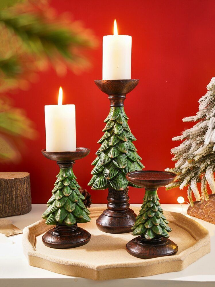Christmas Tree Candle Holders – Green Pine Design Set
