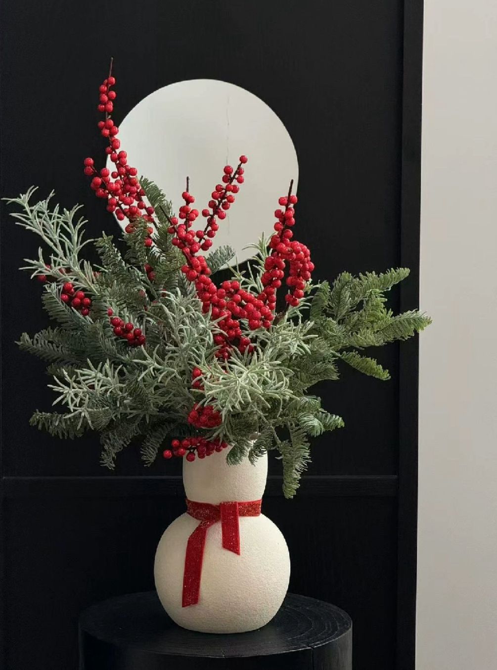 Festive Red Berry & Pine Arrangement and Snowman Vase - Sold Separately