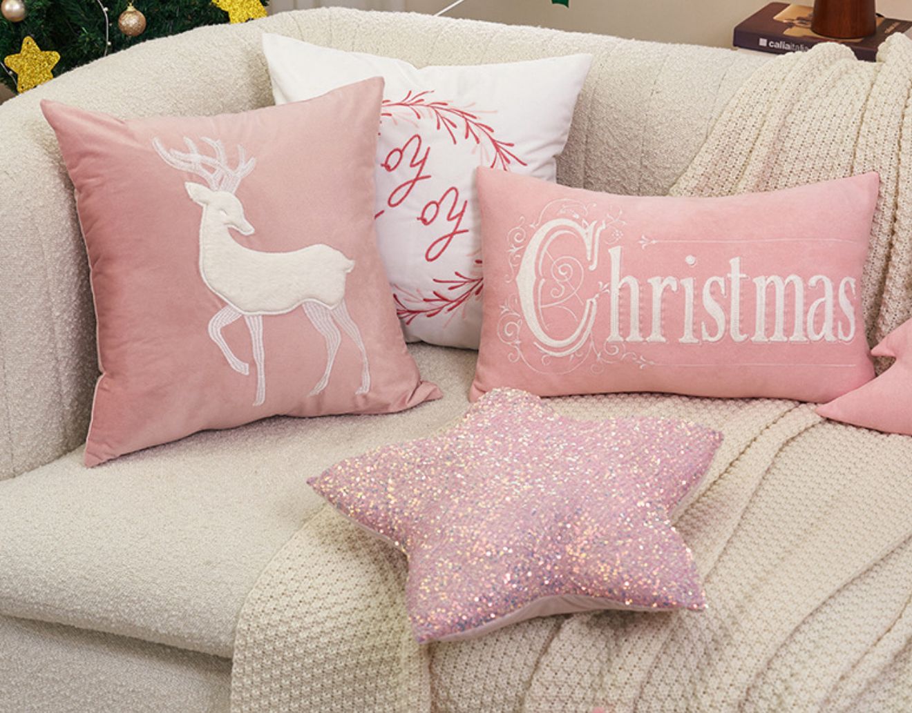 Pink Christmas Cushion Set – Reindeer & Christmas