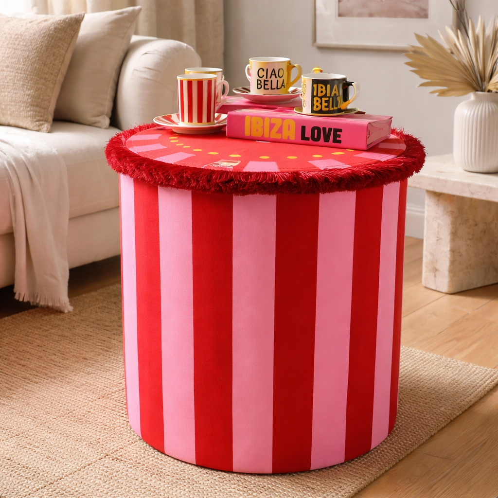 Pouf red and pink- Cylinder-Wood and Metal