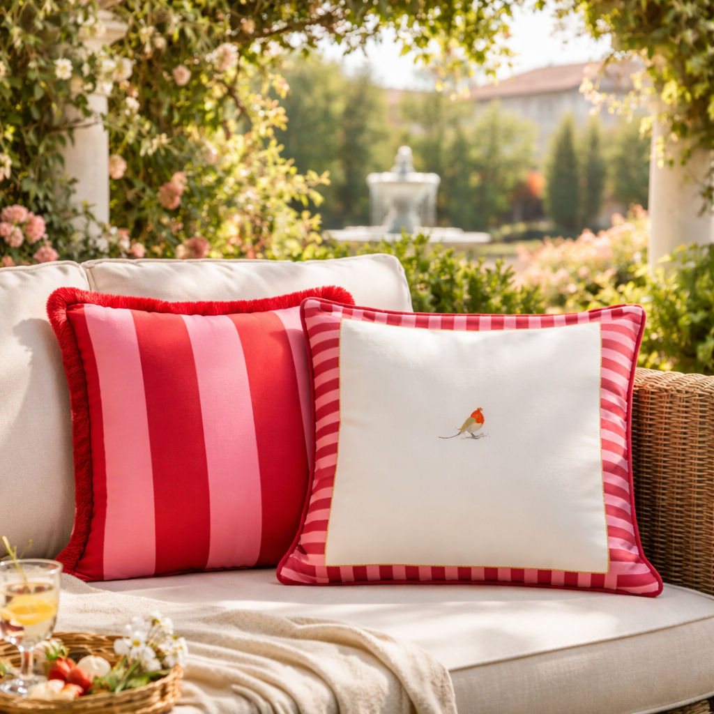 Love Bird Embroidery and Pink Red Striped Pillows ( With Core)- Set of 2