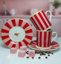 Red and Pink Striped luxury porcelain coffee cups- Set of 6