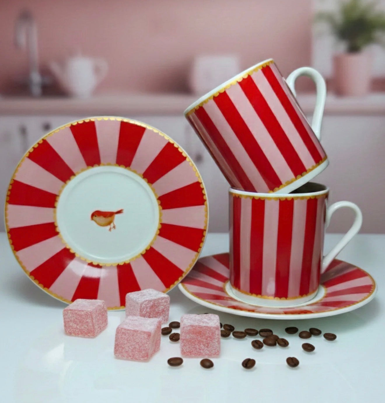 Red and Pink Striped luxury porcelain coffee cups- Set of 6