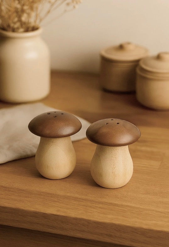 Mushroom Shaped Bamboo Salt and Pepper-Natural Wooden