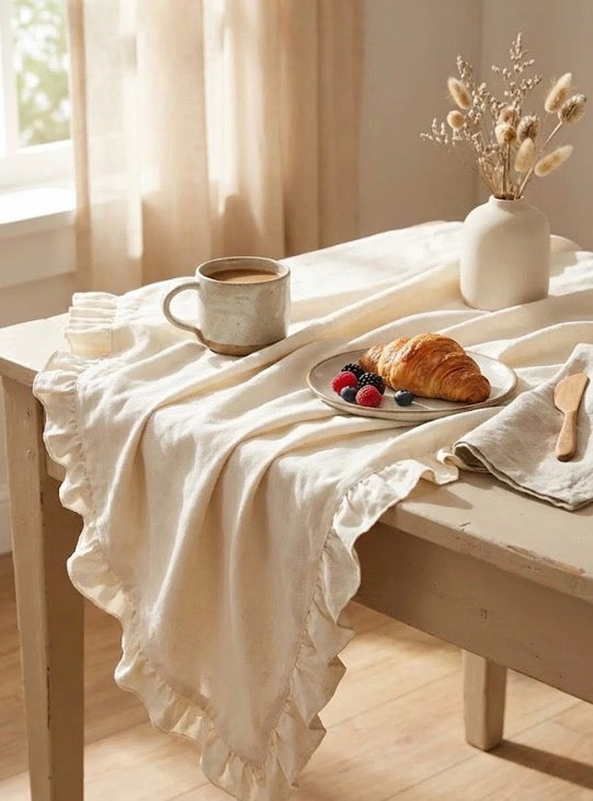 Ruffled Cream Cotton Tablecloth