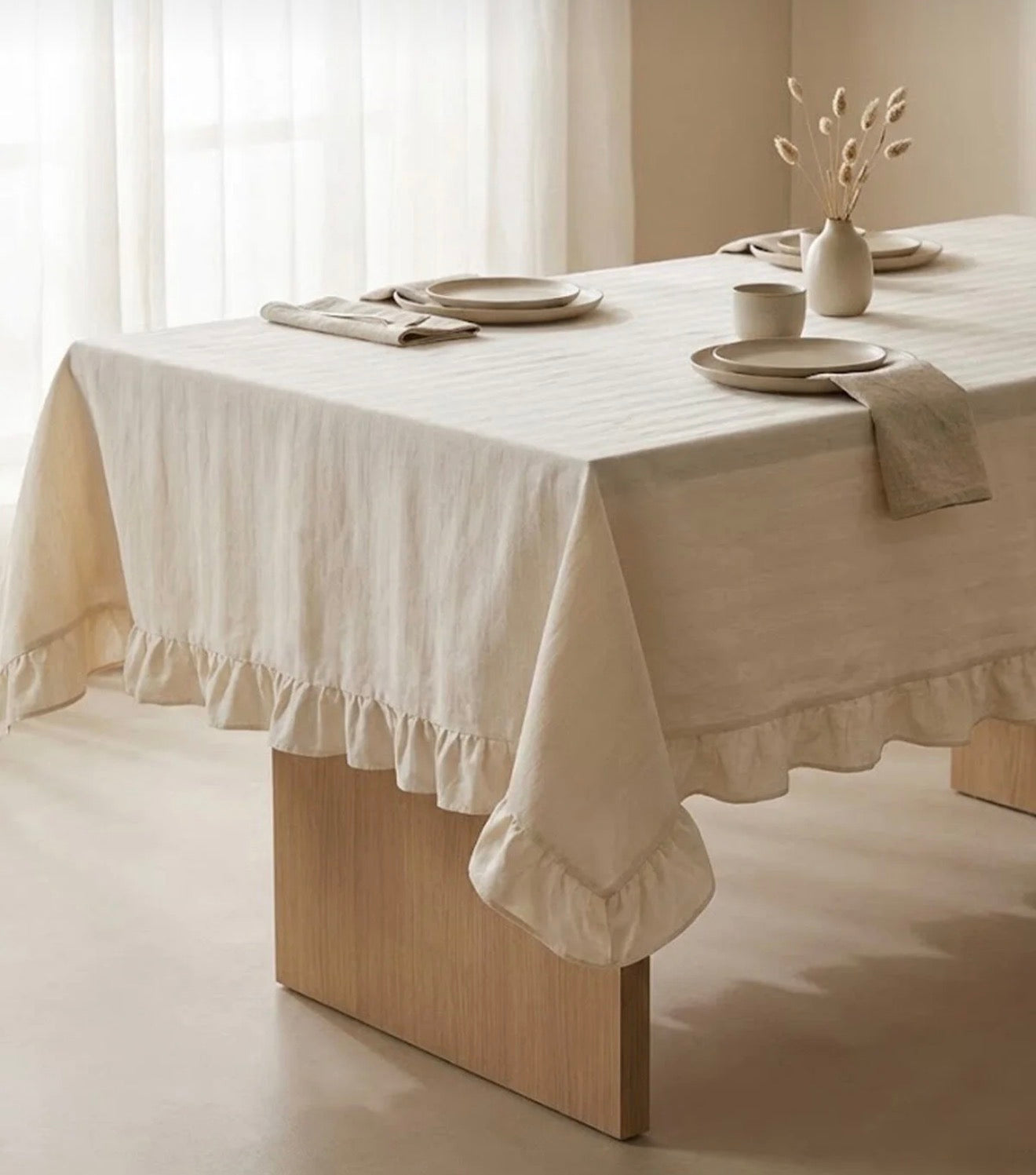 Ruffled Cream Cotton Tablecloth