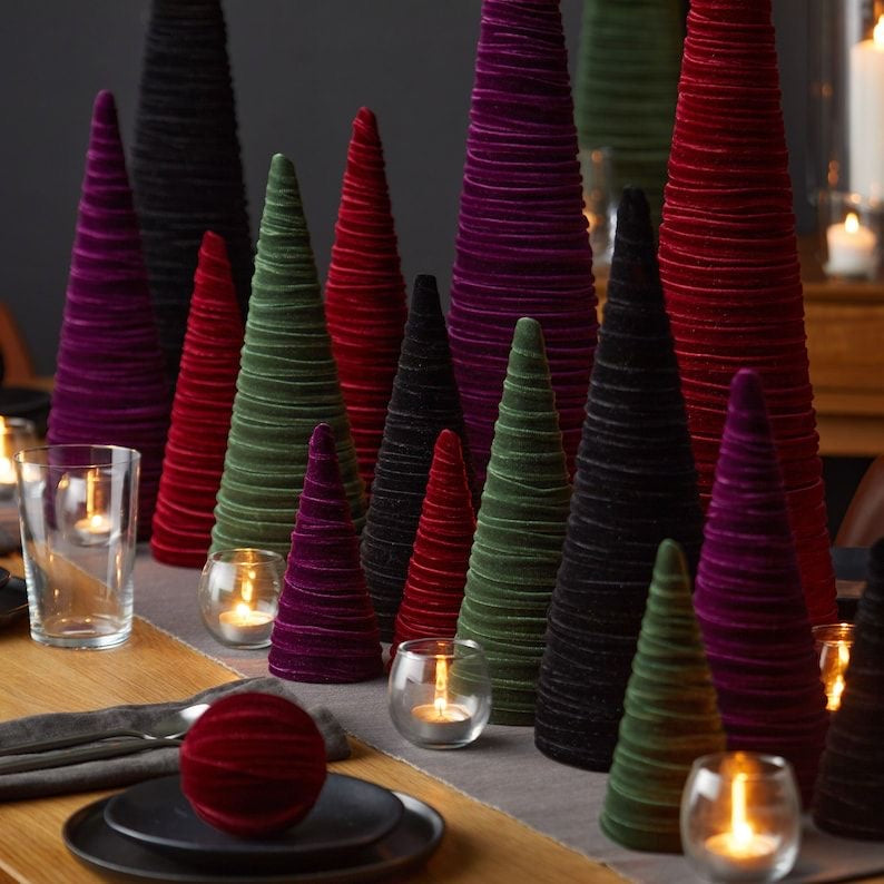 Velvet Cone Decorative Christmas Trees – Dark Red/10cm