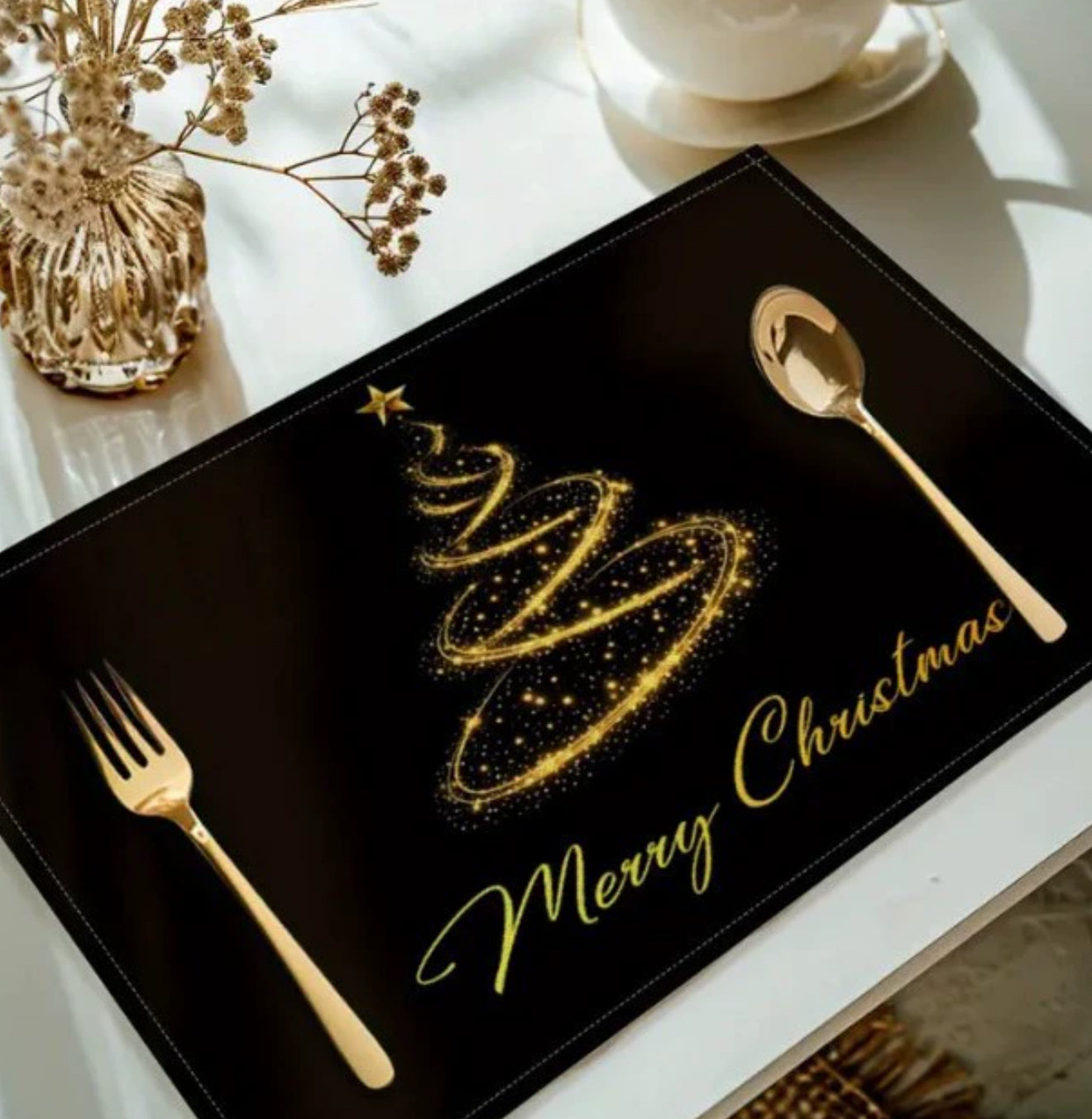Merry Christmas Black And Gold Tree Linen Placemat-Decorative Table