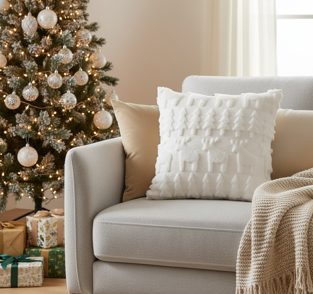 Christmas Pillow Reindeer- Elk White Velvet-Including Core