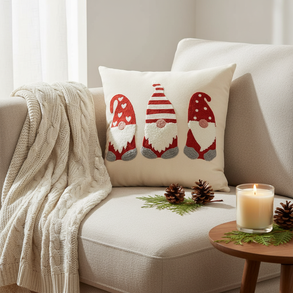 Embroidered Christmas Cushion Three Dwarfs- With Core