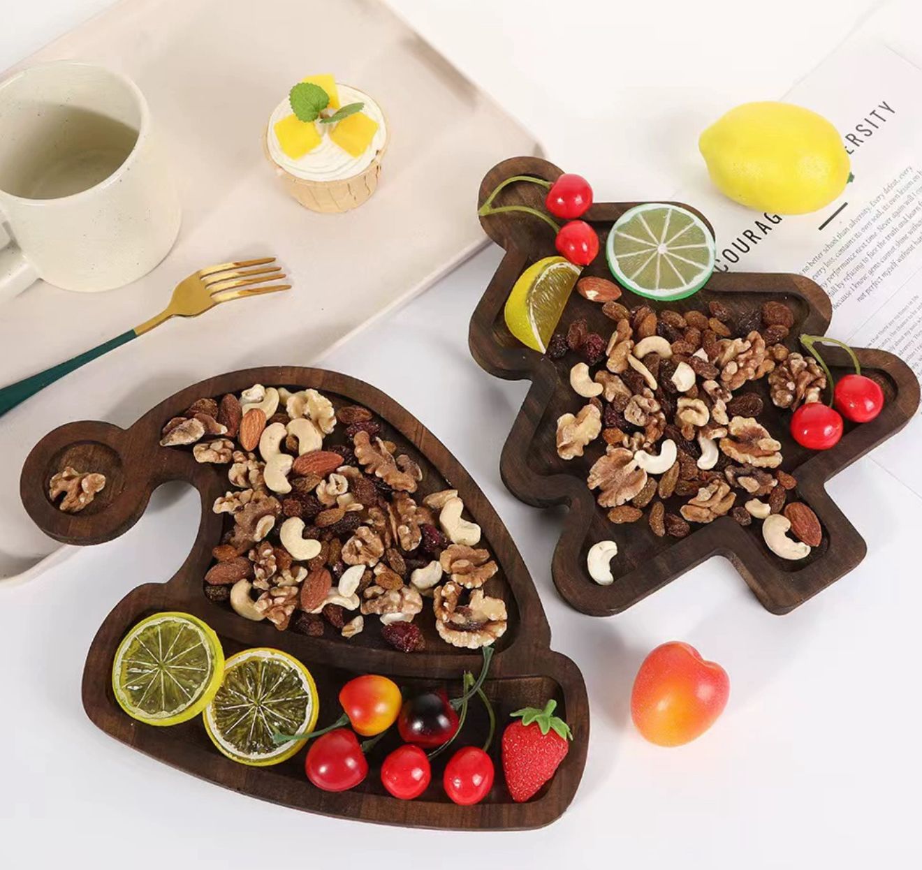 Christmas Wooden Snack Trays - Tree & Santa Hat Set