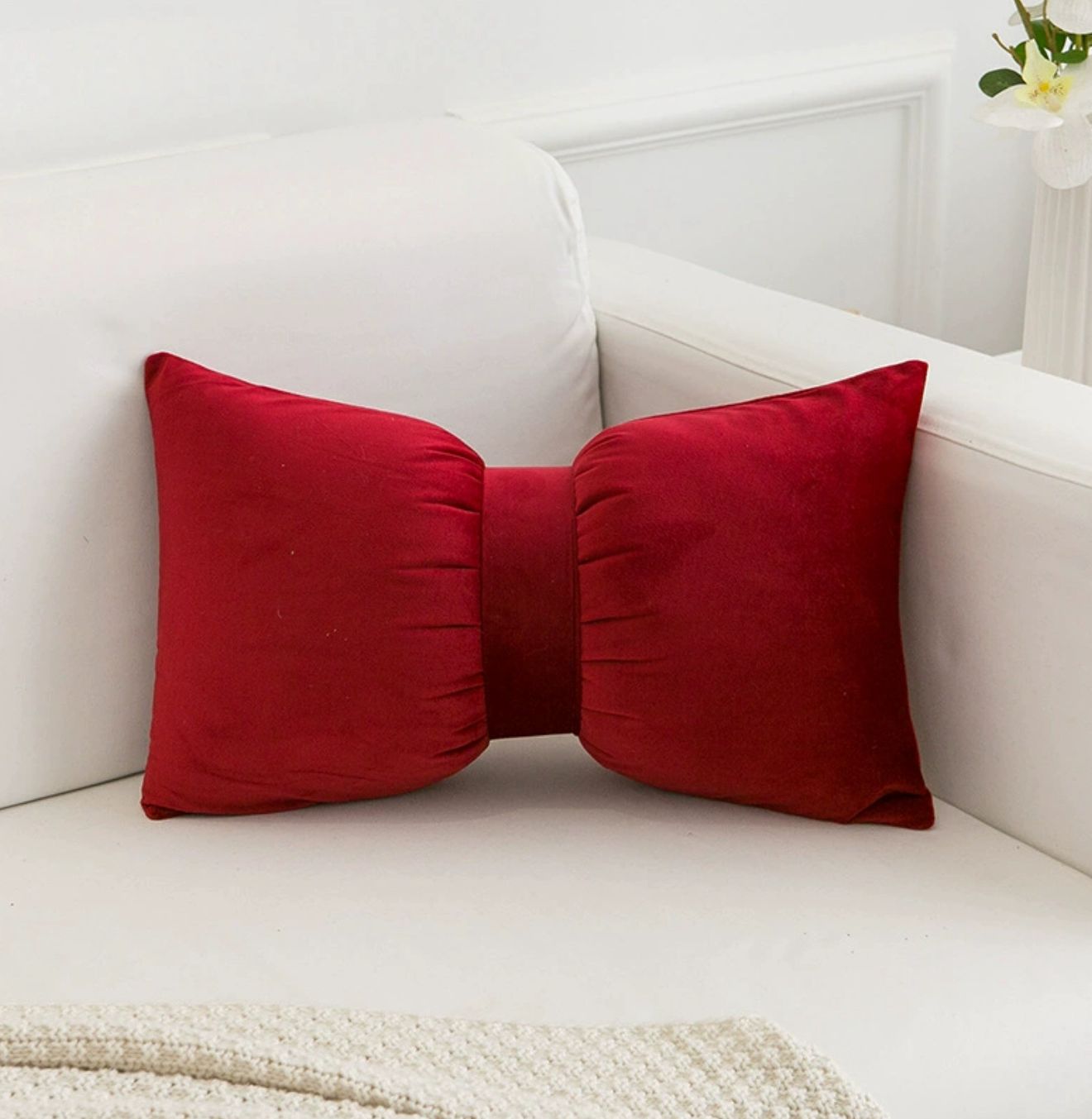 Ruby Red Velvet Bow Cushion
