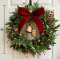 Classic Christmas Wreath with Burgundy Velvet Bow & Golden Bells (60 cm)