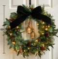 Illuminated Christmas Wreath with Black Velvet Bow & Bells (50cm)with light