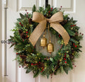 Rustic Christmas Wreath with Burlap Bow & Golden Bells (60 cm)
