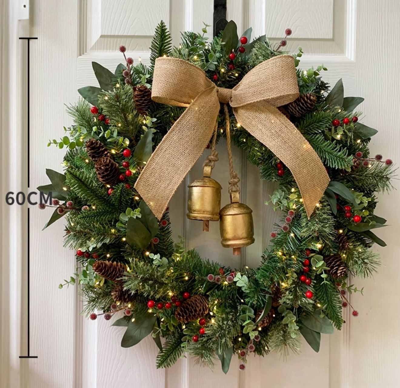 Rustic Christmas Wreath with Burlap Bow & Golden Bells (60 cm)