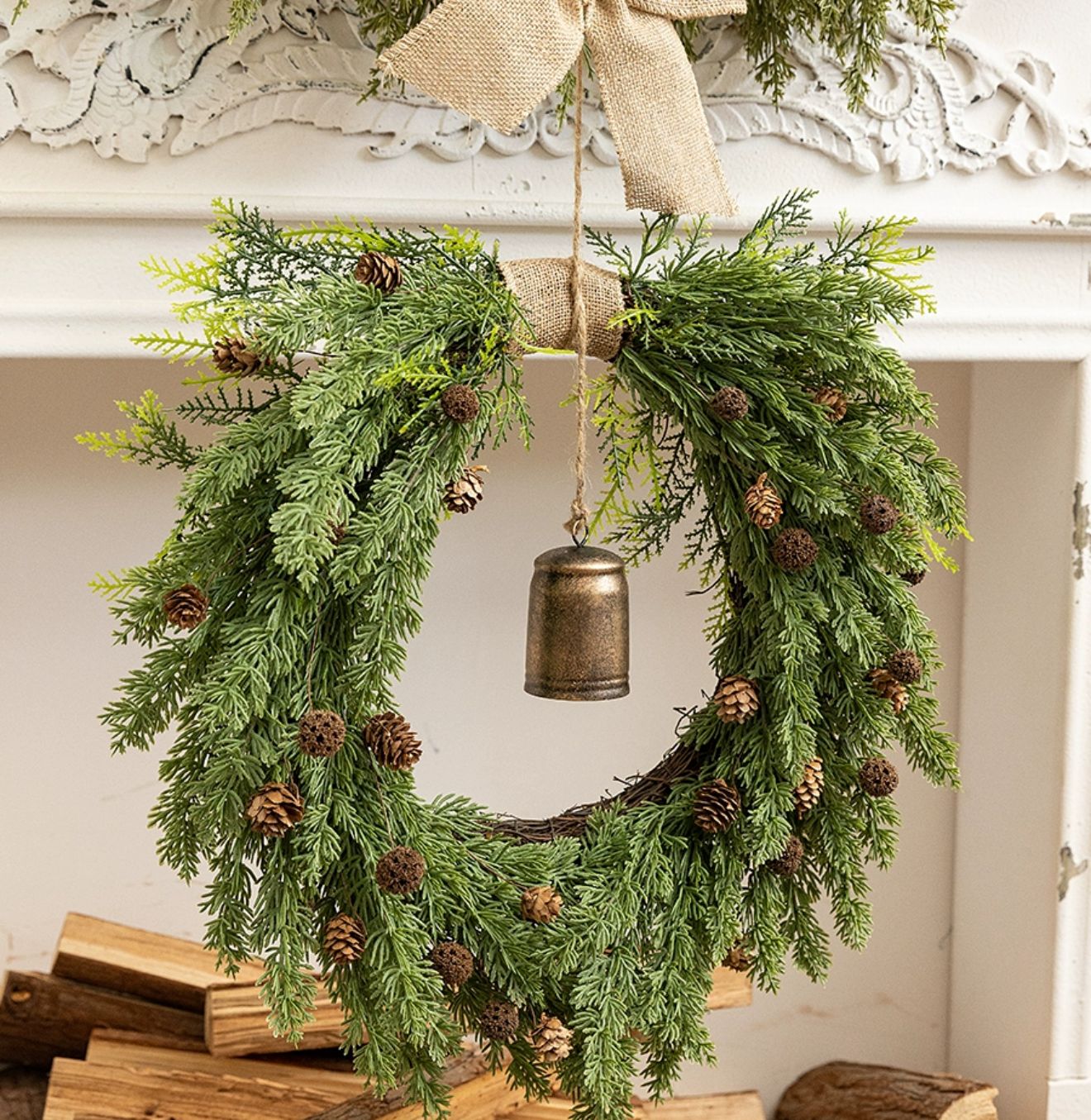 Rustic Pine Wreath with Bell and Natural Accents 50 cm