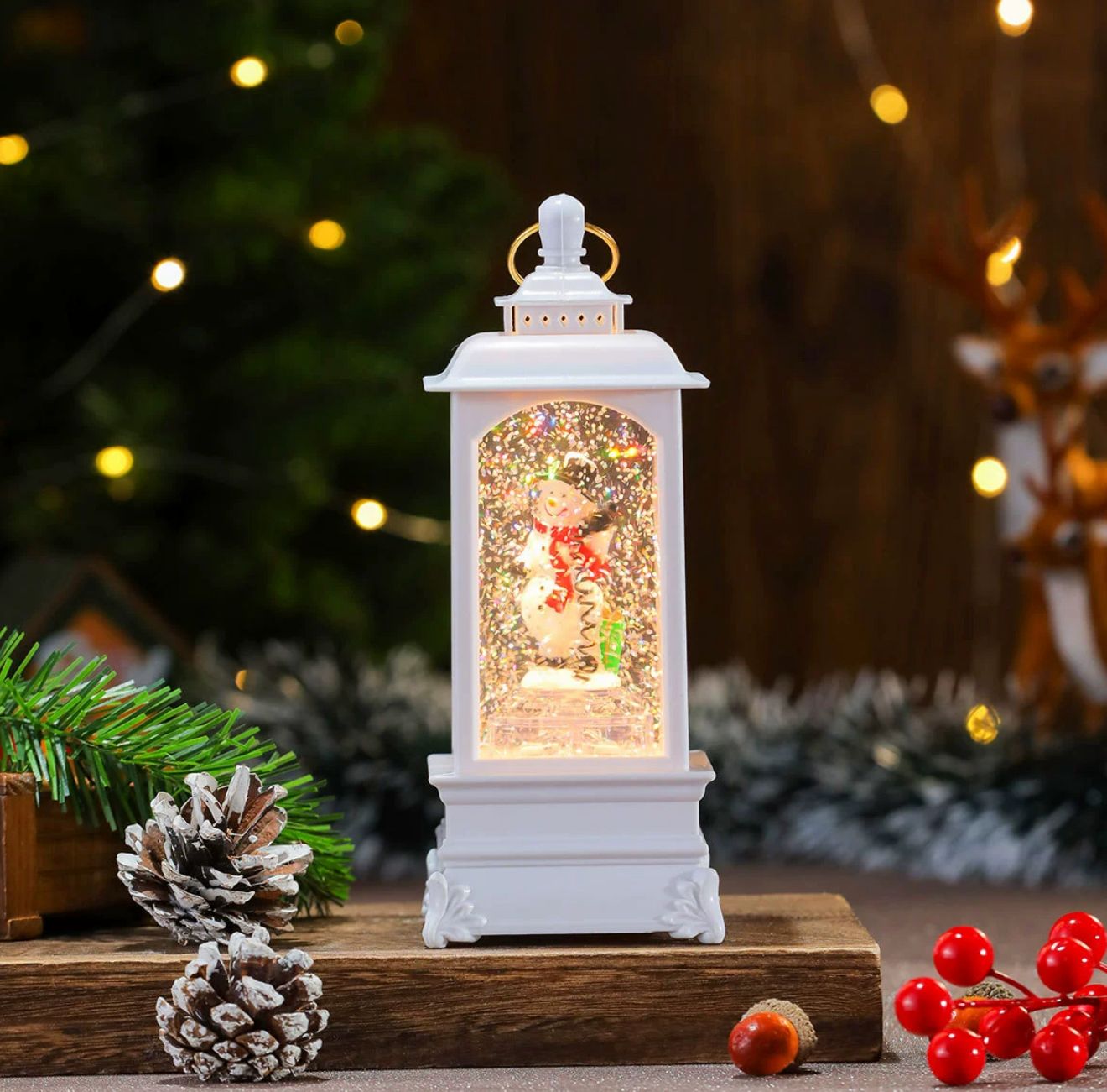 Santa Lantern Snow Globe – White LED Glitter Light