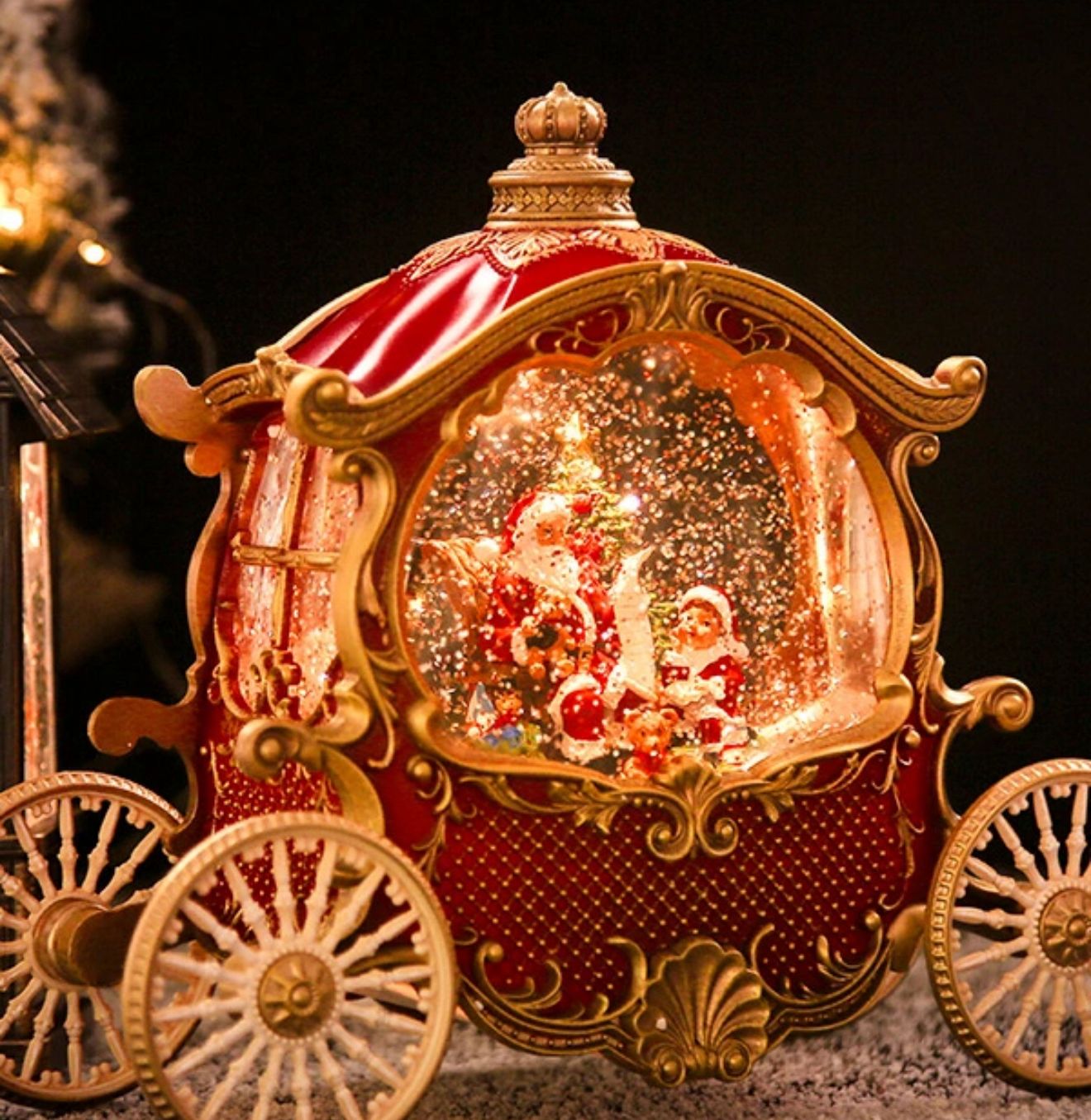Santa’s Carriage Snow Globe – Luxury Lighted Christmas Ornament